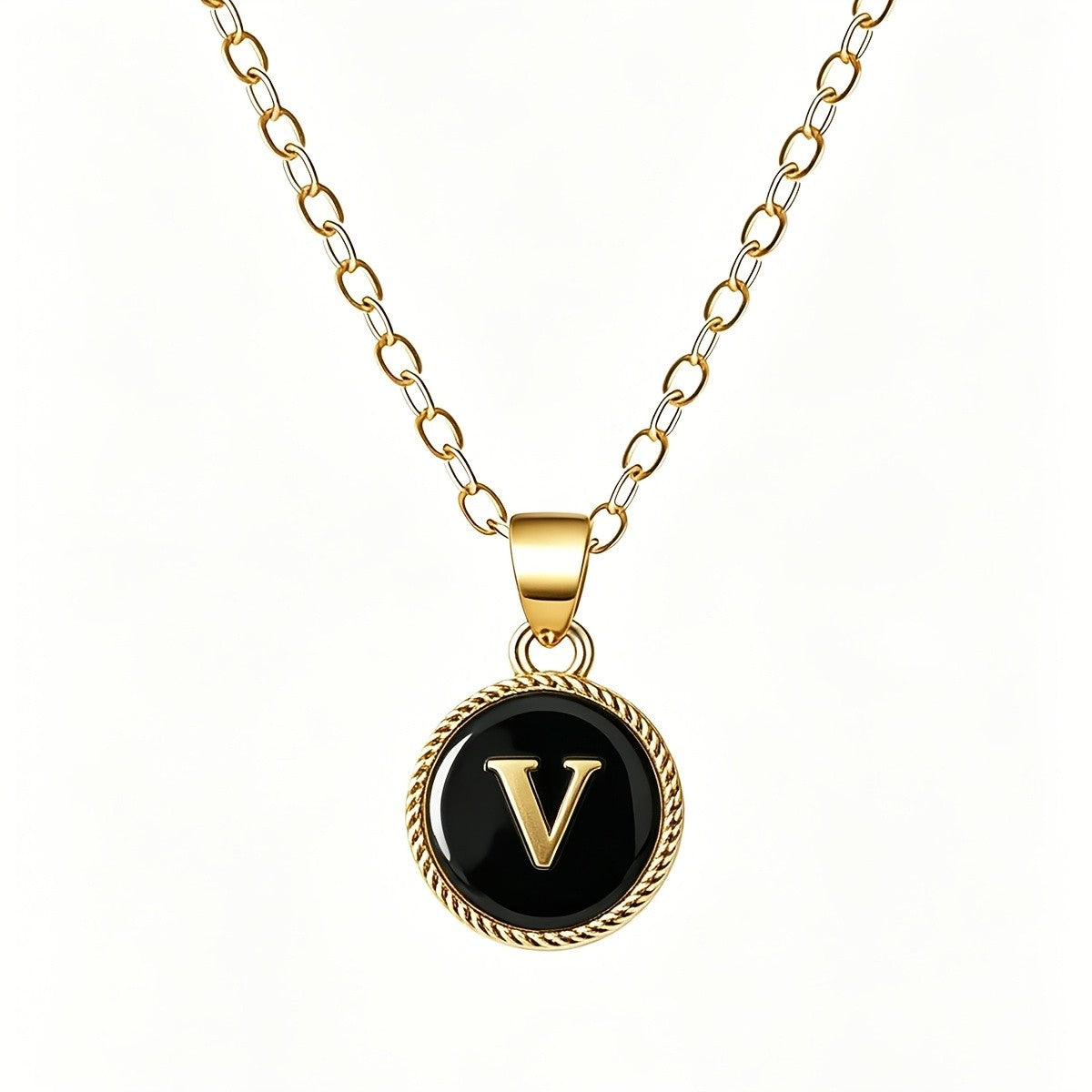 Black Enamel Initial Coin Necklace