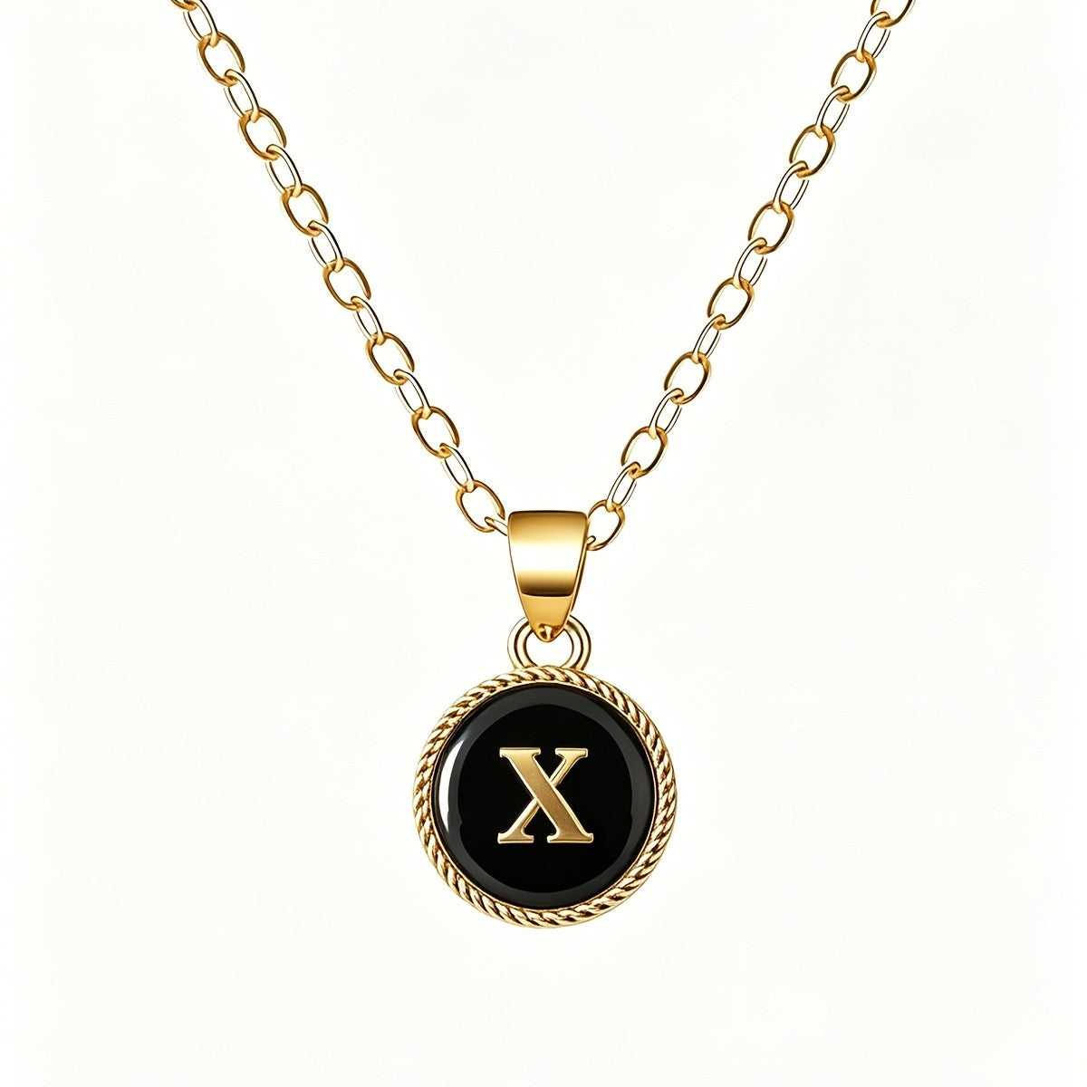 Black Enamel Initial Coin Necklace