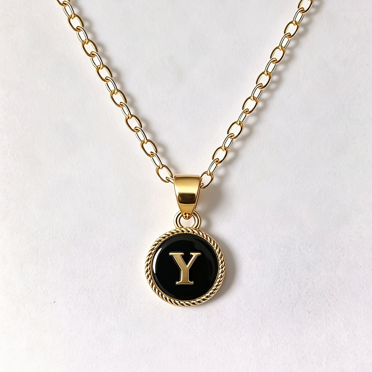 Black Enamel Initial Coin Necklace
