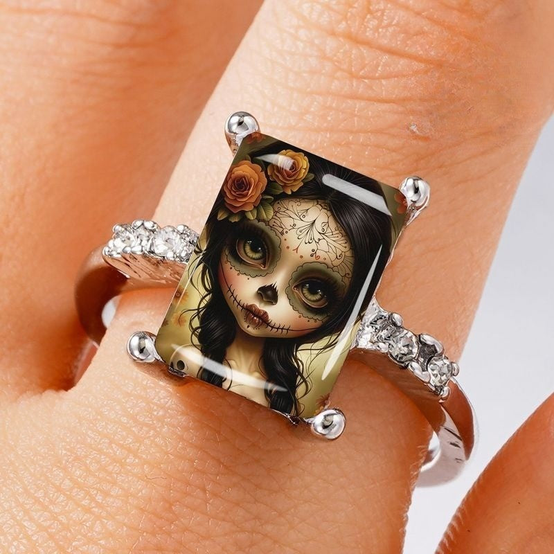 Sugar Skull Glass Cabochon Ring