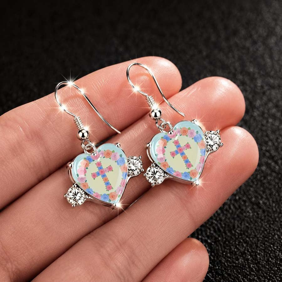 Pastel Floral Cross Heart Earrings