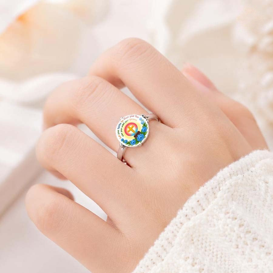 Inspirational Quote & Blue Floral Cross Ring