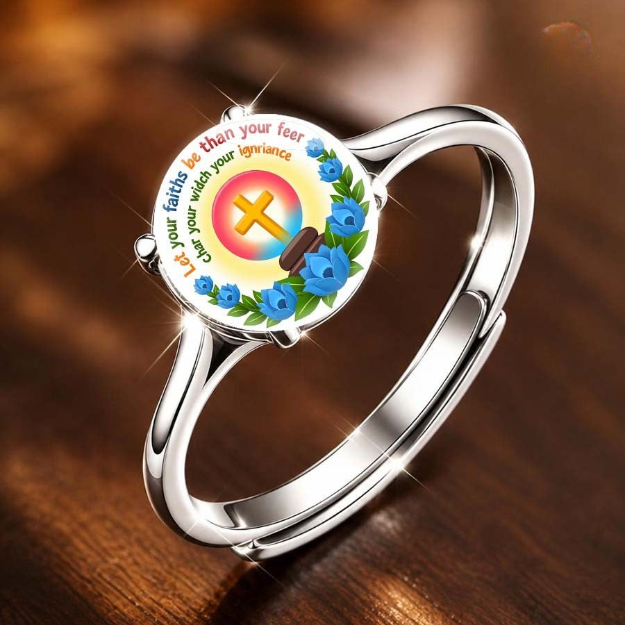 Inspirational Quote & Blue Floral Cross Ring