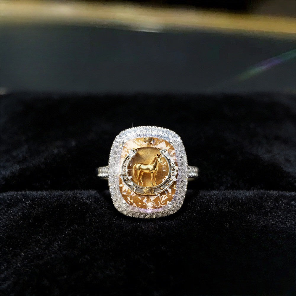 Golden Horse Horseshoe Square Ring