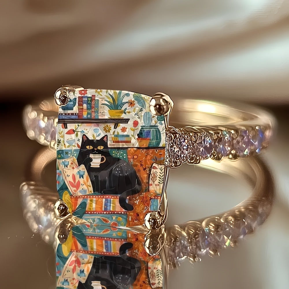 Colorful Black Cat Square Ring