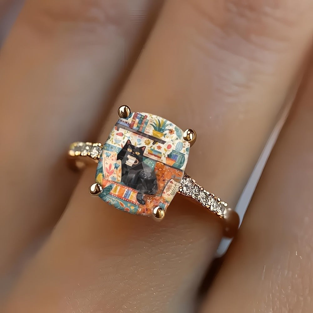 Colorful Black Cat Square Ring