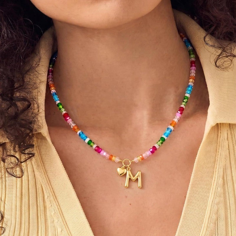 Colorful Beaded Initial Heart Necklace