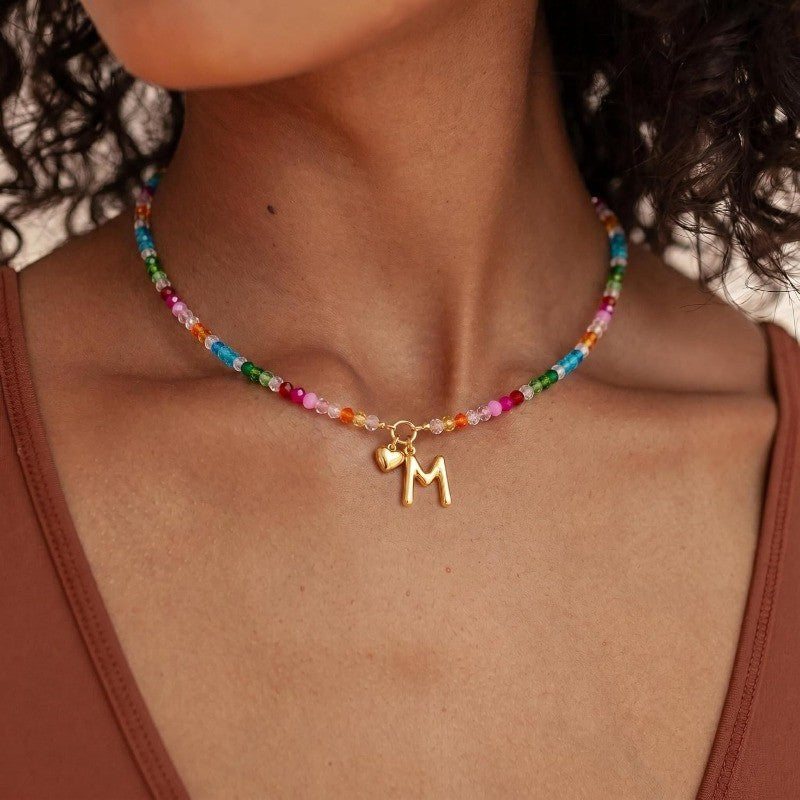 Colorful Beaded Initial Heart Necklace