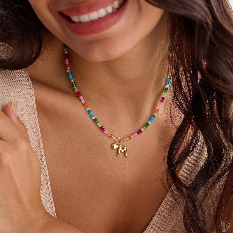 Colorful Beaded Initial Heart Necklace