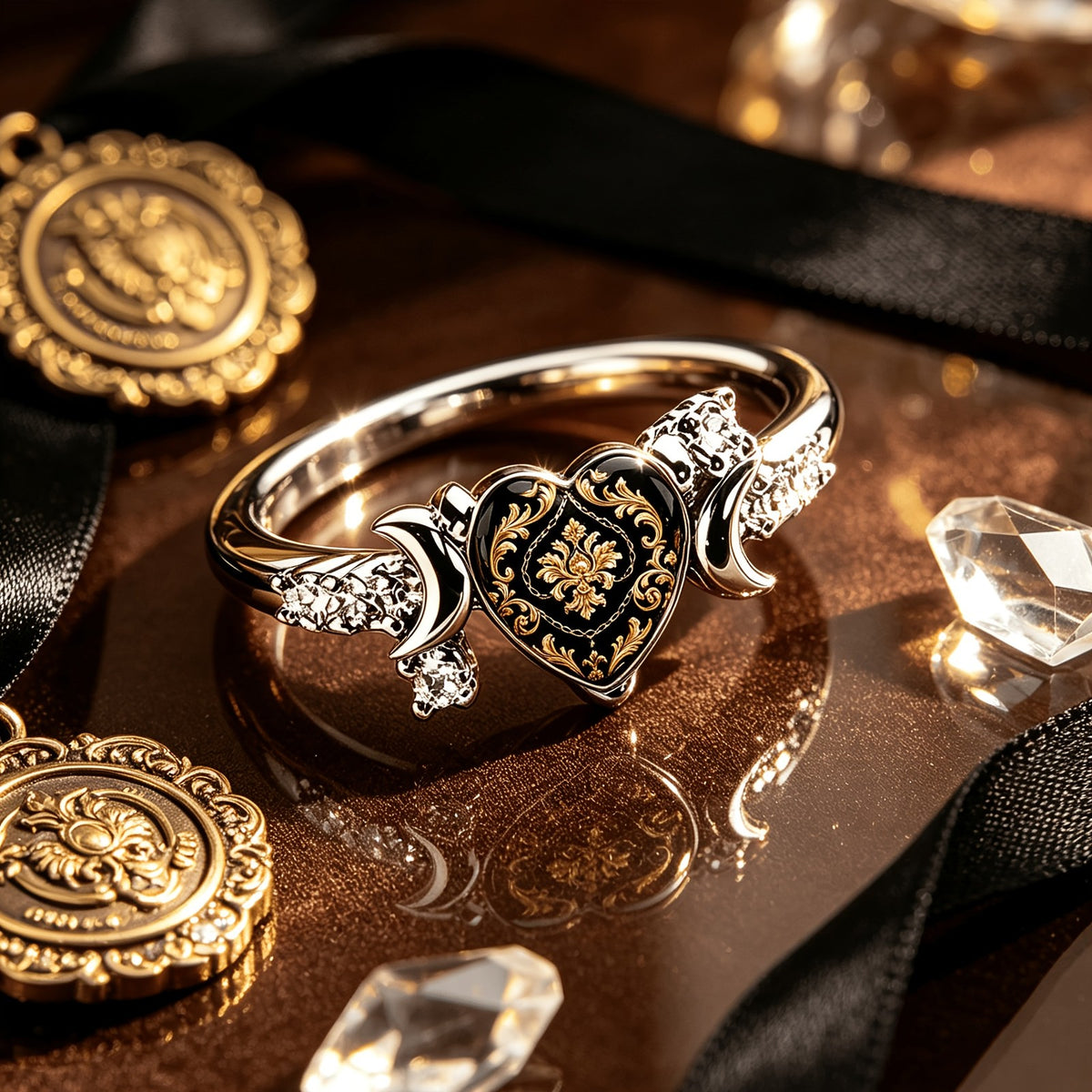 Ornate Black Heart Ring