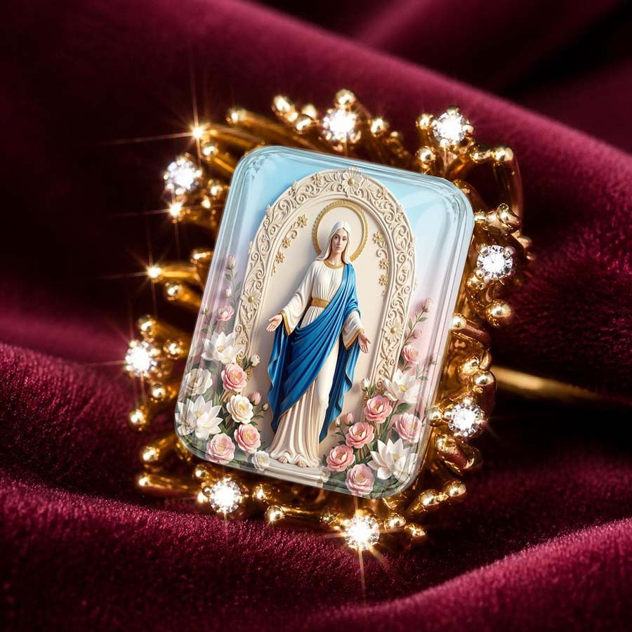 Vintage Floral Virgin Mary Square Ring