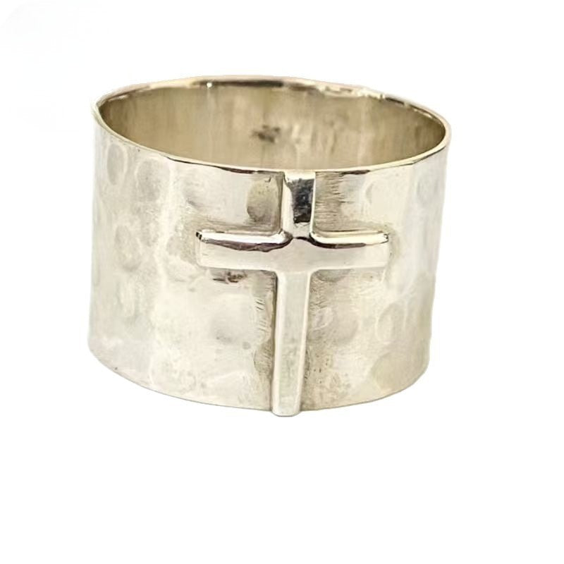 Wide Hammered Cross Ring