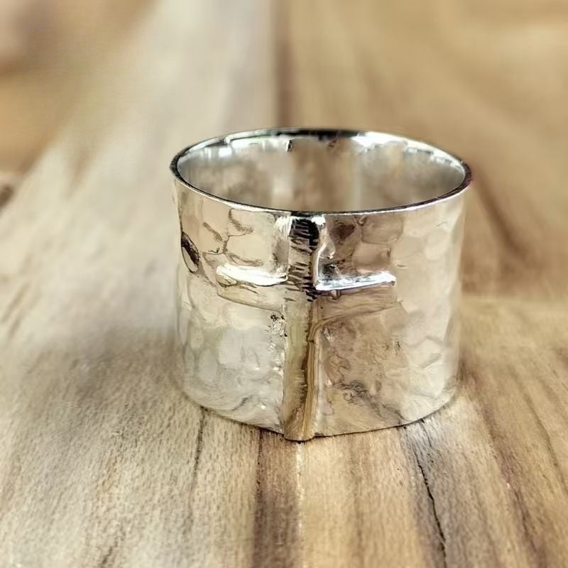 Wide Hammered Cross Ring