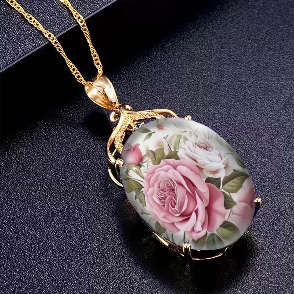 Rose Bouquet Oval Necklace