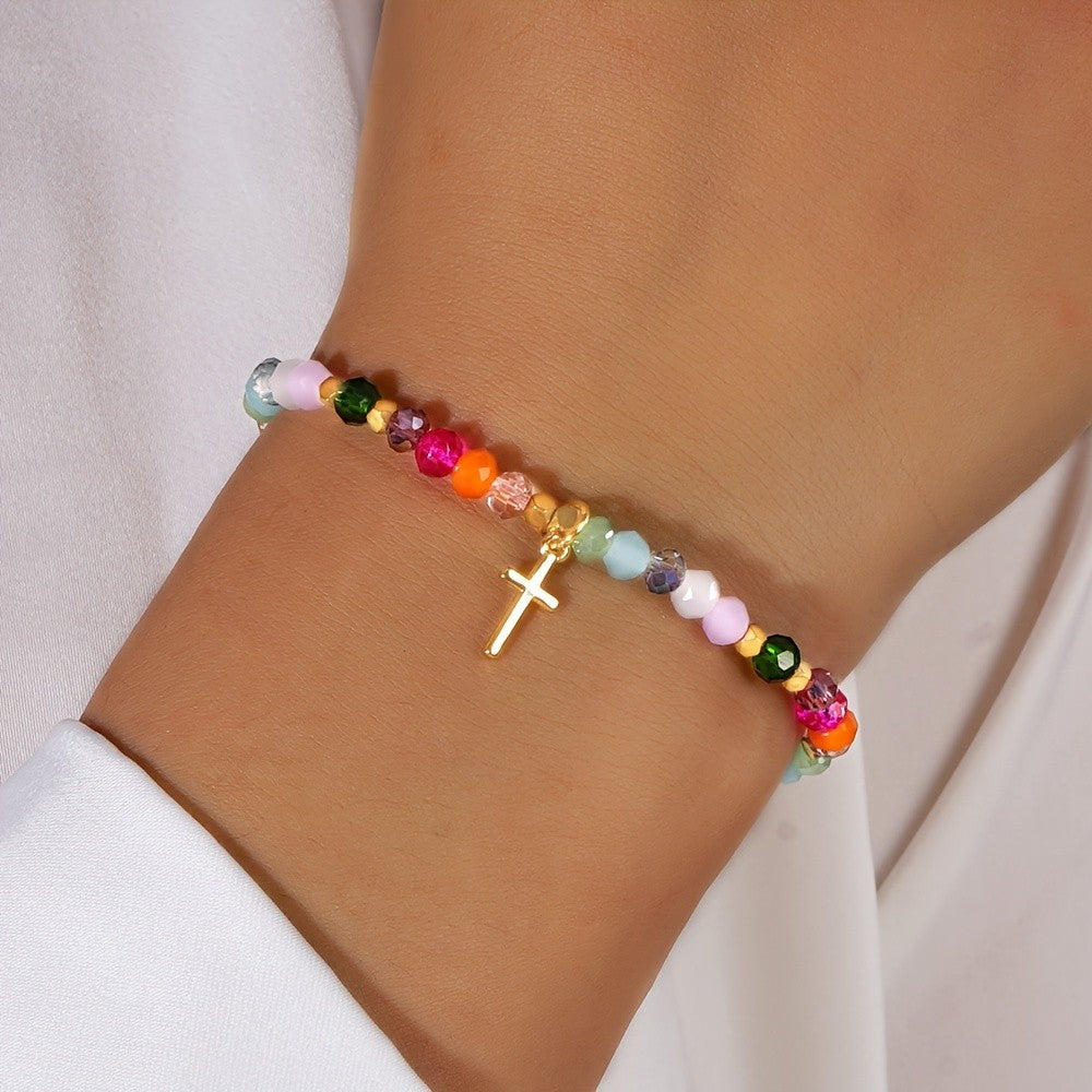 Rainbow Gemstone Cross Bracelet