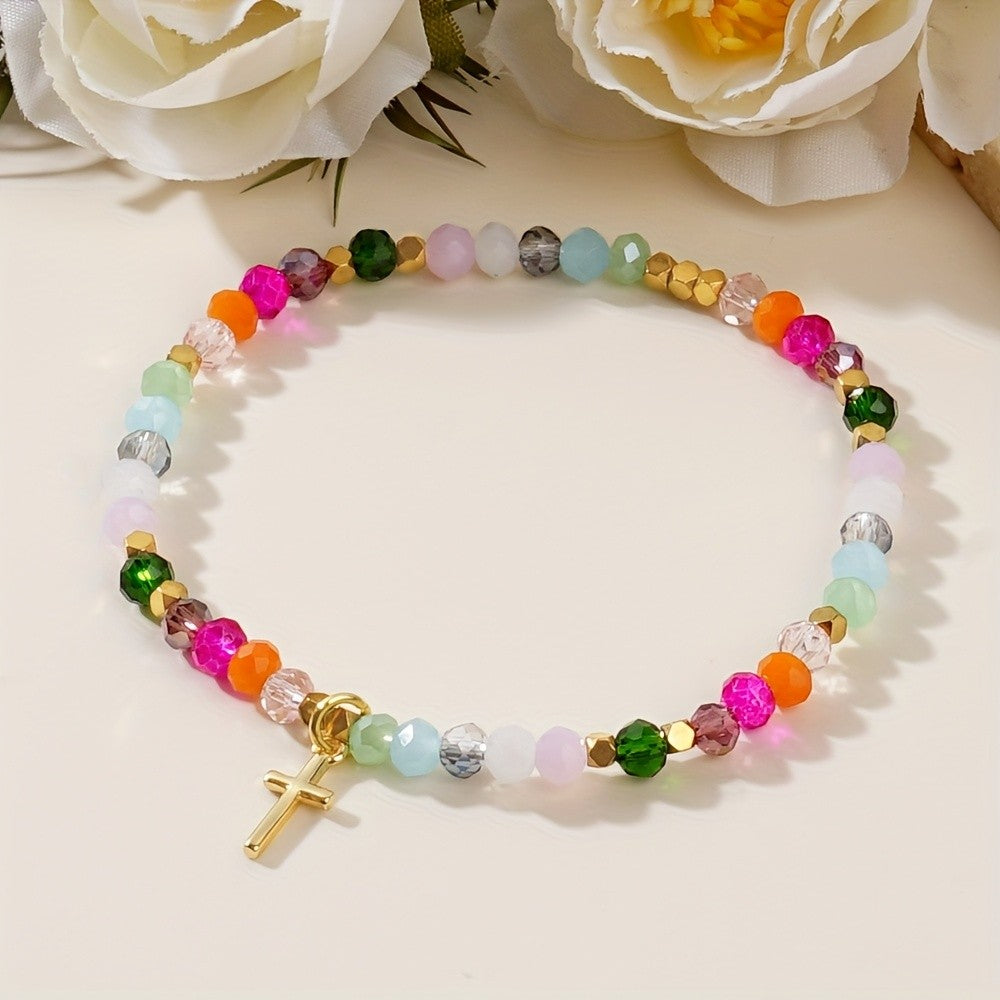 Rainbow Gemstone Cross Bracelet