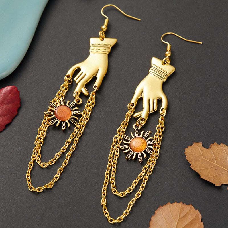 Gold Hand & Red Sunburst Drop Earrings