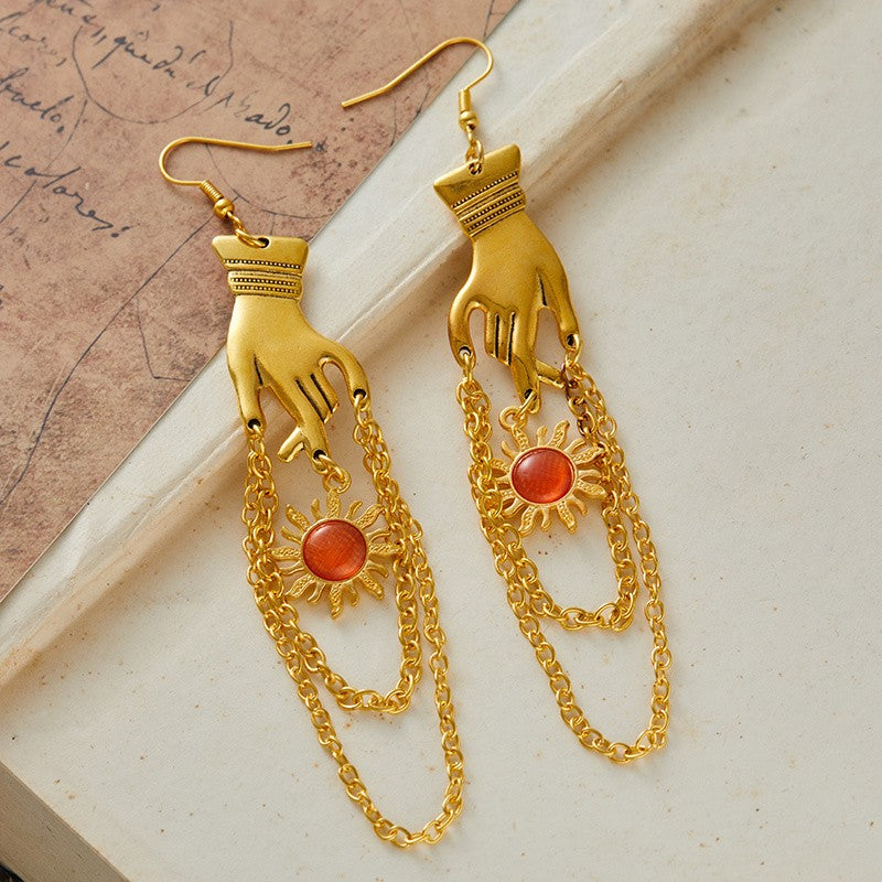 Gold Hand & Red Sunburst Drop Earrings