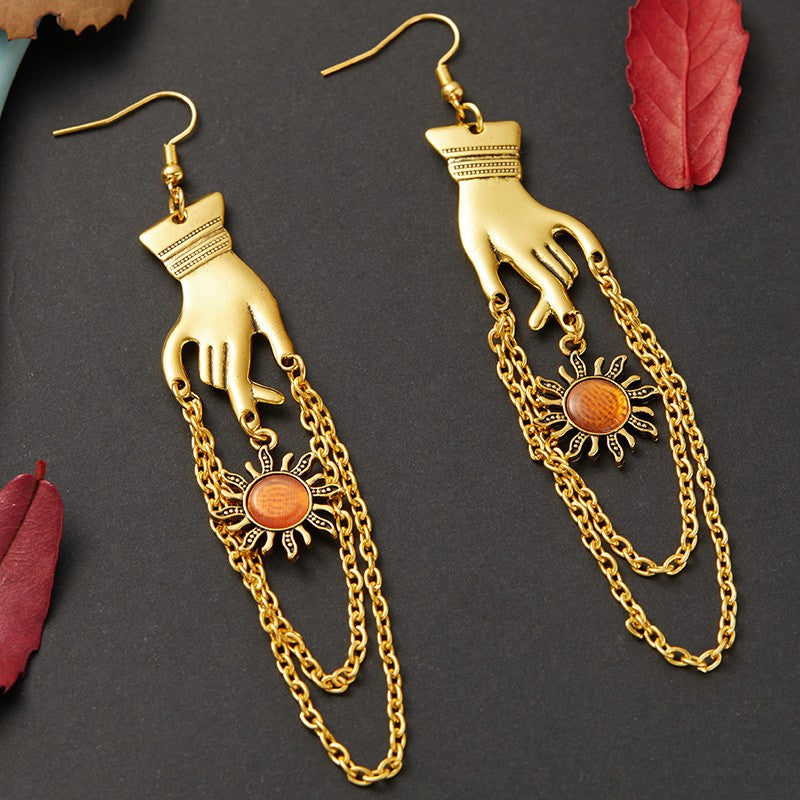 Gold Hand & Red Sunburst Drop Earrings