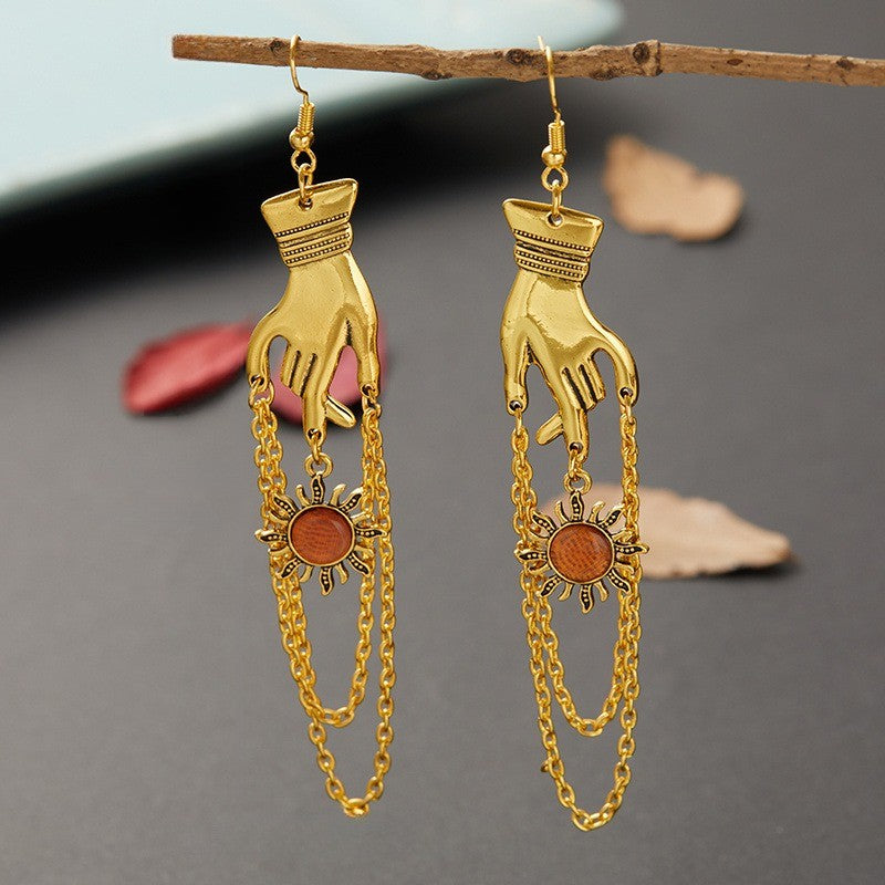 Gold Hand & Red Sunburst Drop Earrings