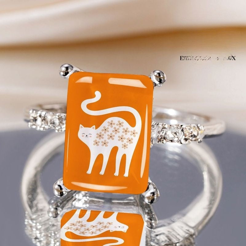 Orange Floral Cat Square Ring
