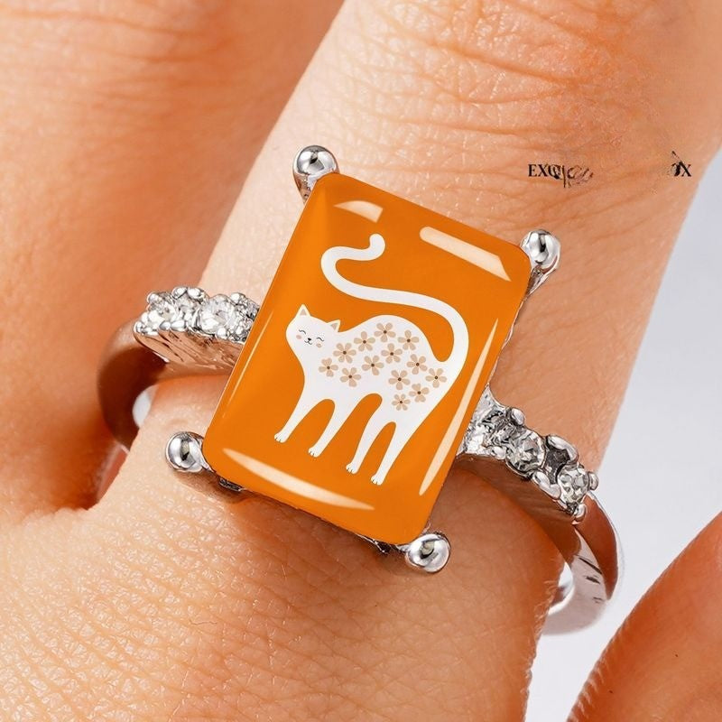 Orange Floral Cat Square Ring