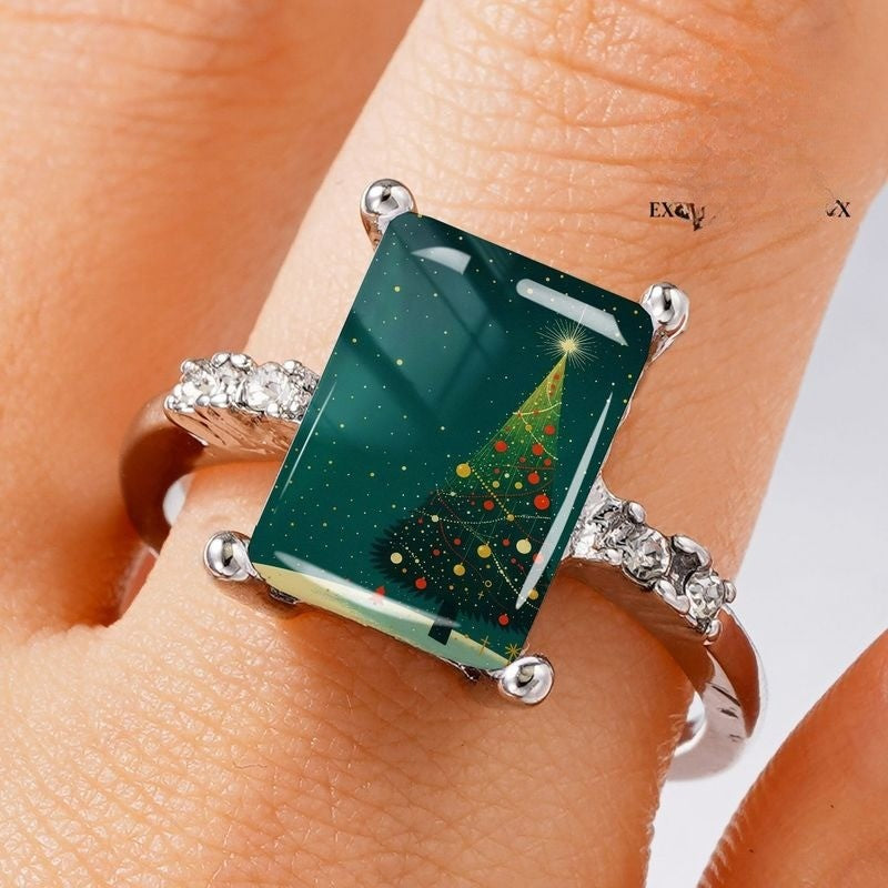 Silver Christmas Tree Rectangle Ring