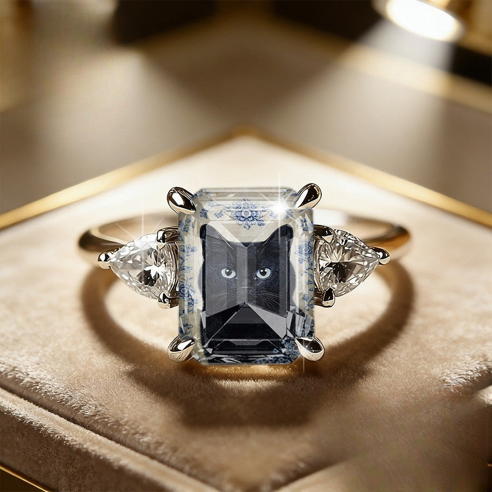 Blue Floral Black Cat Square Ring