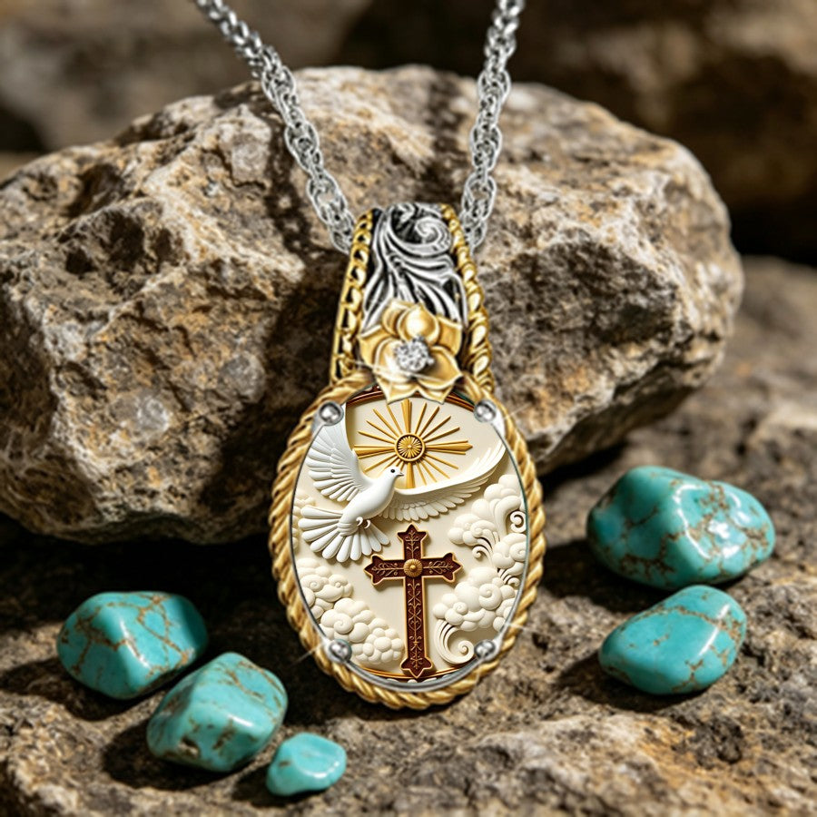 Dove & Cross Teardrop Pendant Necklace