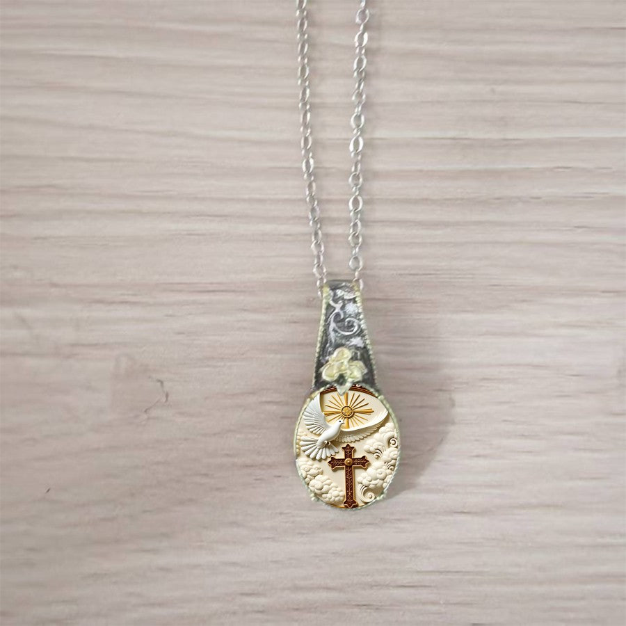 Dove & Cross Teardrop Pendant Necklace