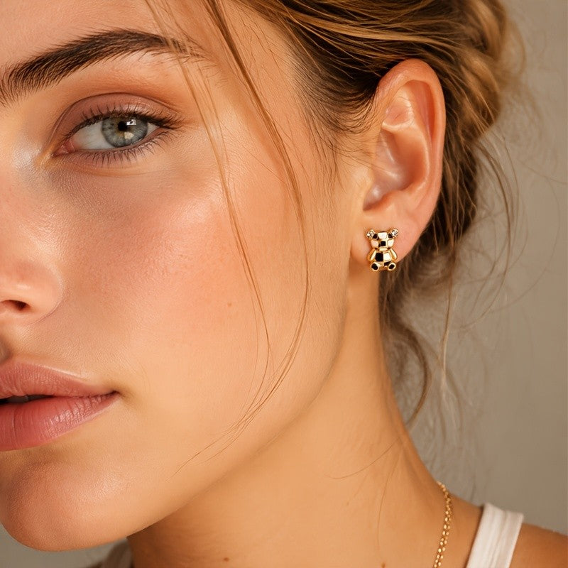 Contrast Block Bear Stud Earrings
