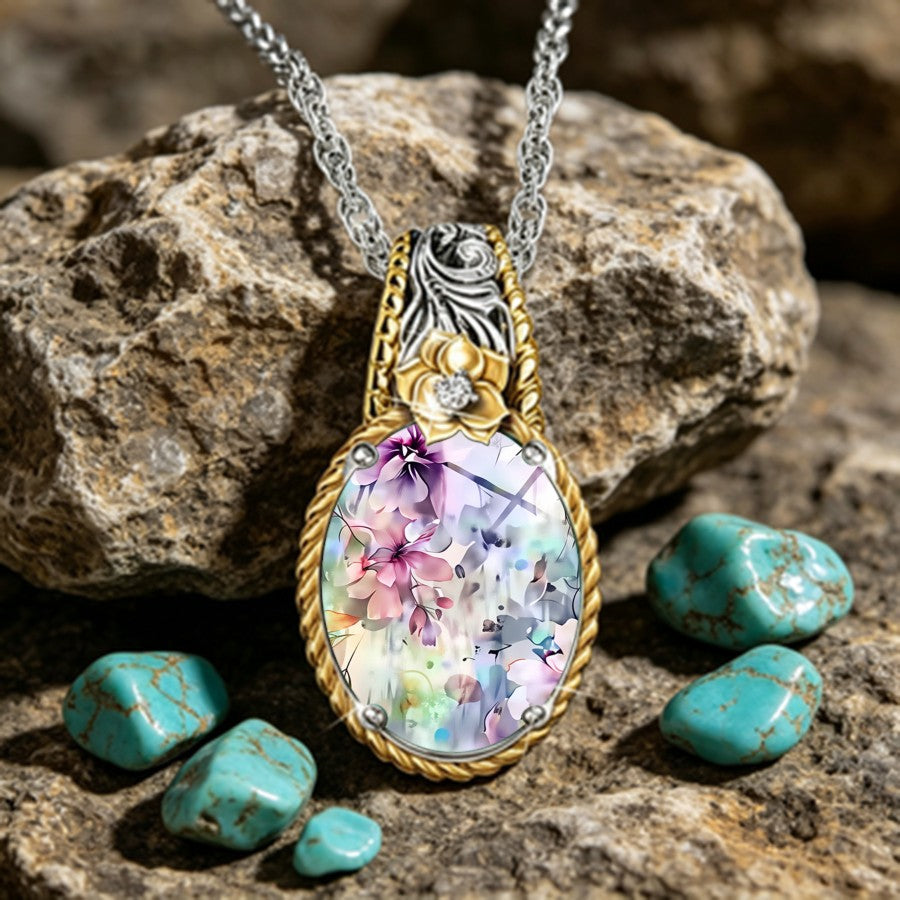 Watercolor Floral Rope Pendant Necklace