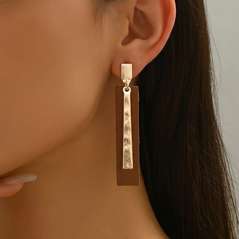 Brown Rectangle Hammered Bar Drop Earrings
