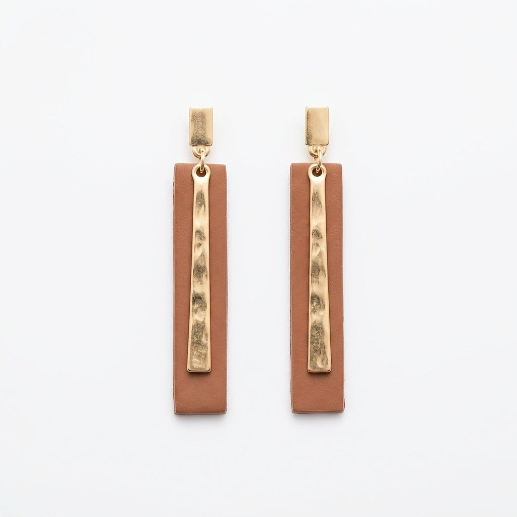 Brown Rectangle Hammered Bar Drop Earrings