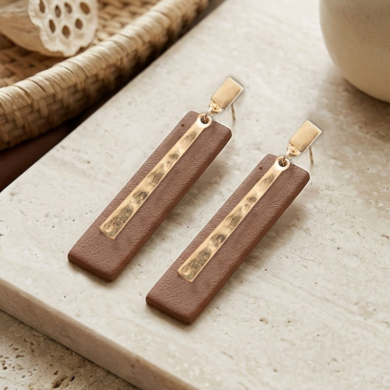 Brown Rectangle Hammered Bar Drop Earrings