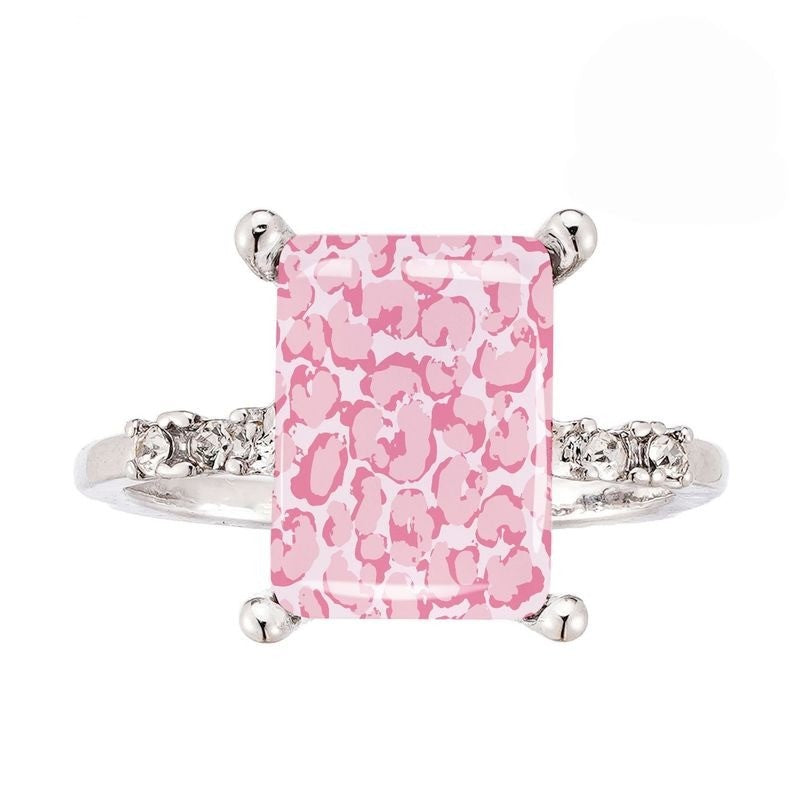 Silver Pink Leopard Rectangle Ring