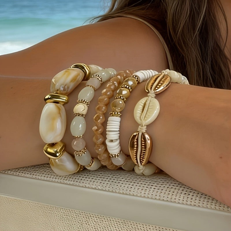 Cowrie Shell & Stone Stackable Bracelet Set