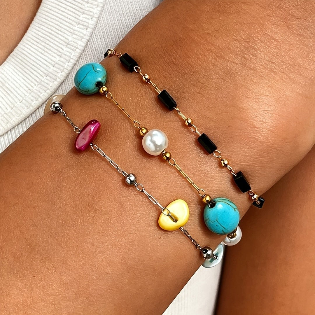 Colorful Stone & Pearl Link Bracelet