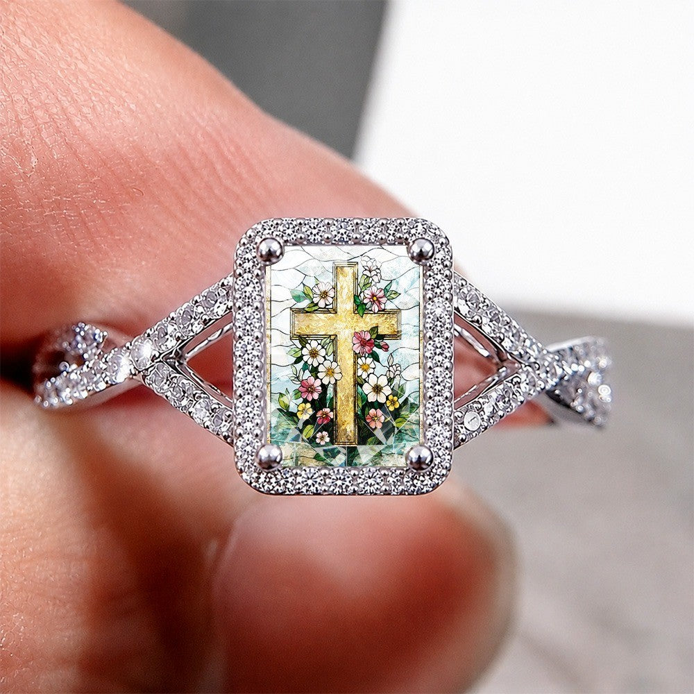 Floral Cross Square Ring