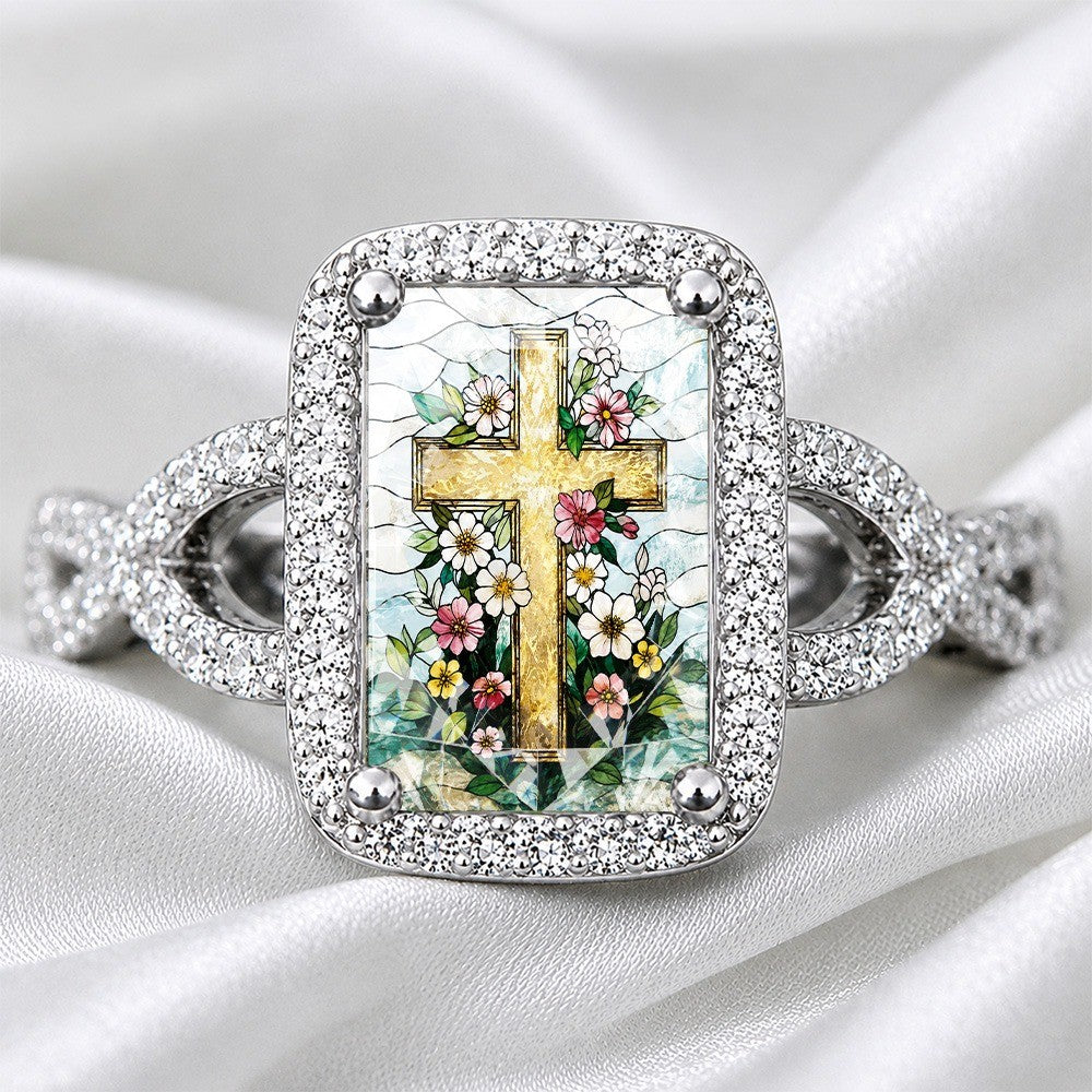 Floral Cross Square Ring