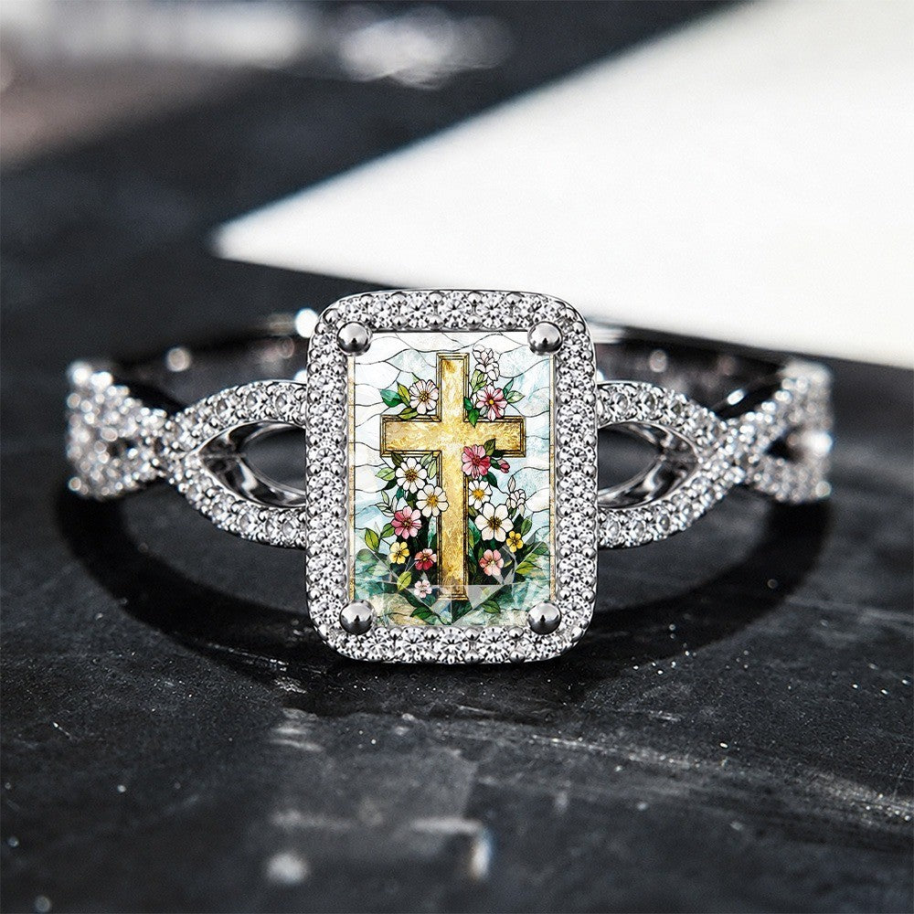 Floral Cross Square Ring