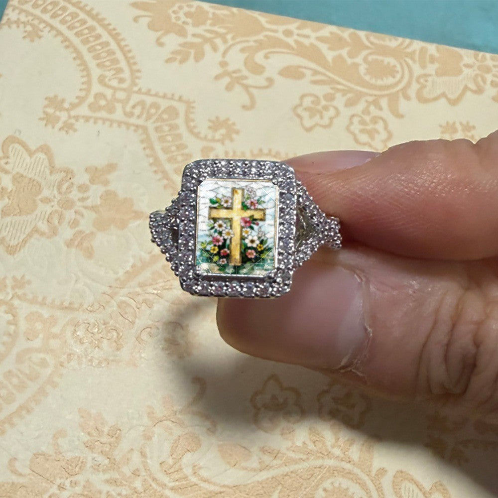Floral Cross Square Ring