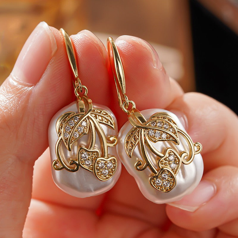 Cherry Leaf Pearl Drop Earrings