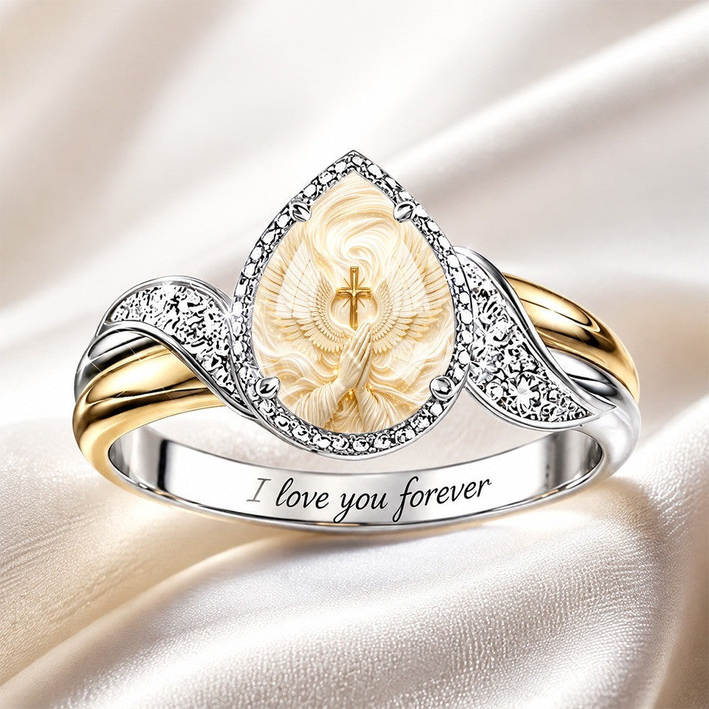 Praying Angel & Cross Marquise Ring