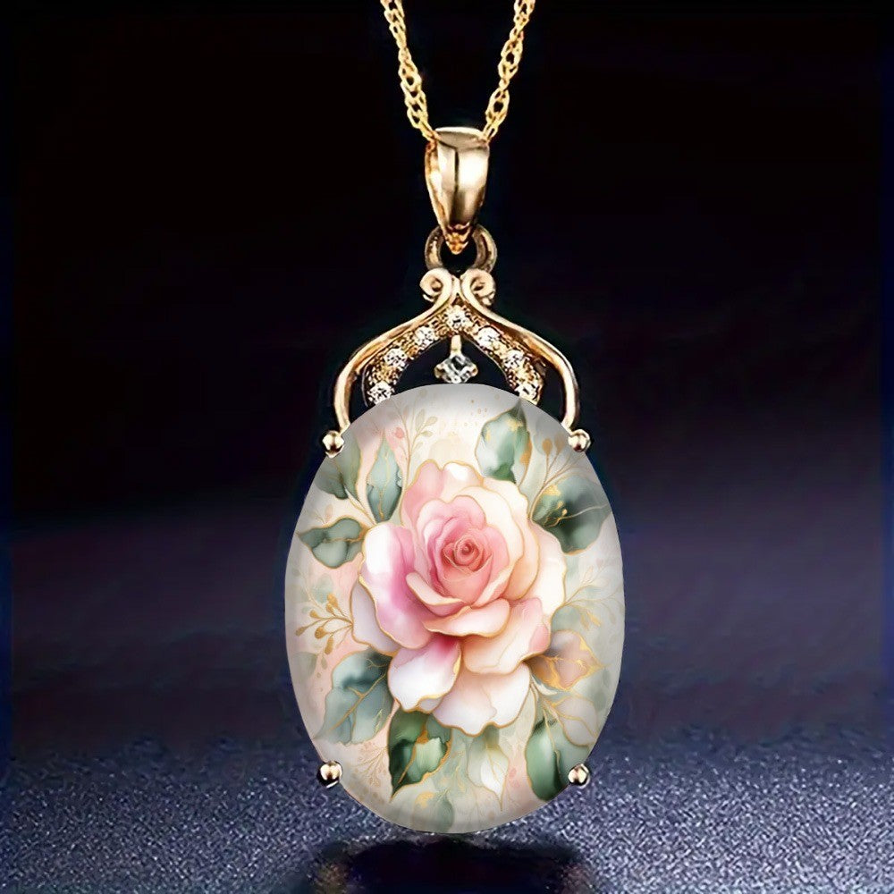 Pink Rose & Green Leaf Oval Necklace