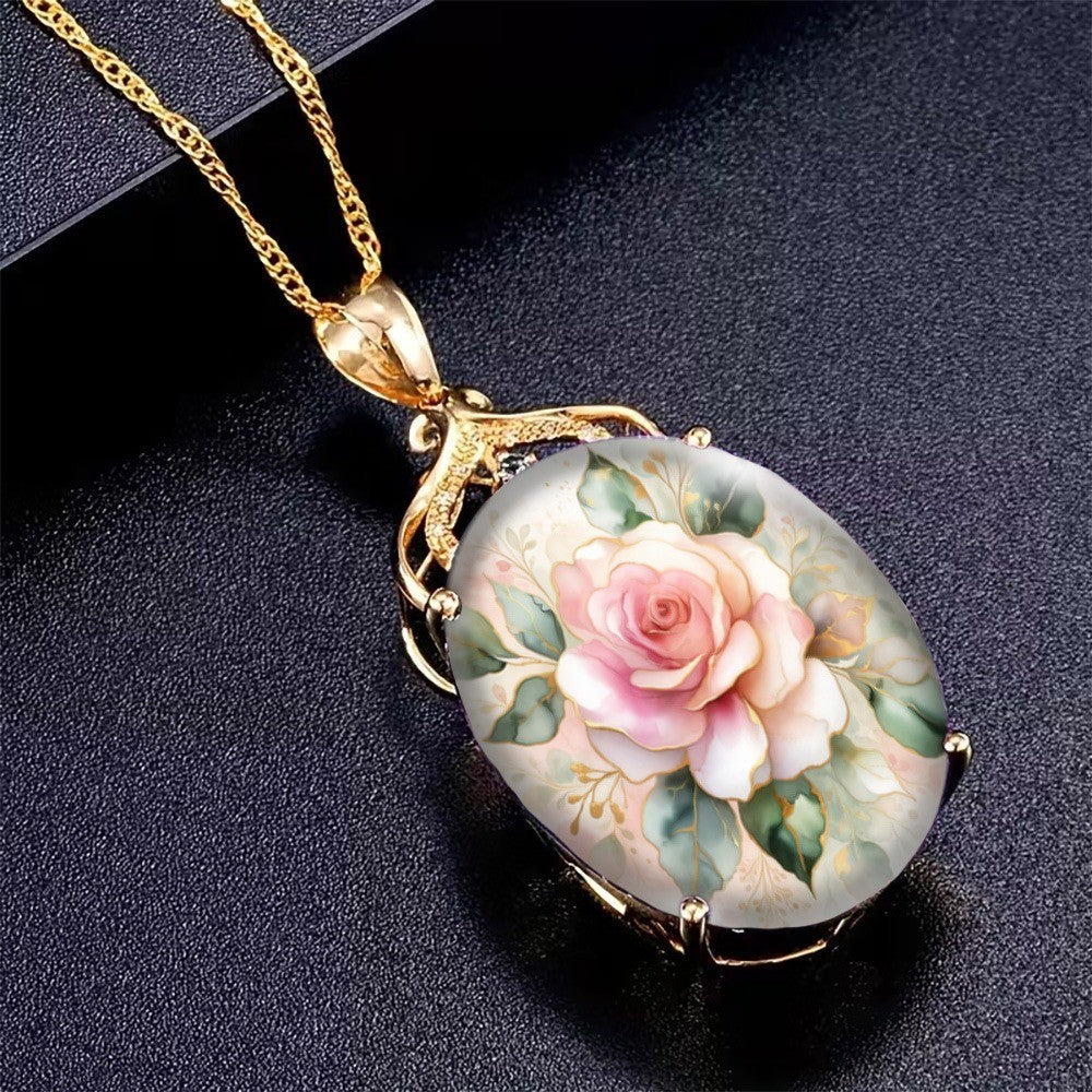 Pink Rose & Green Leaf Oval Necklace