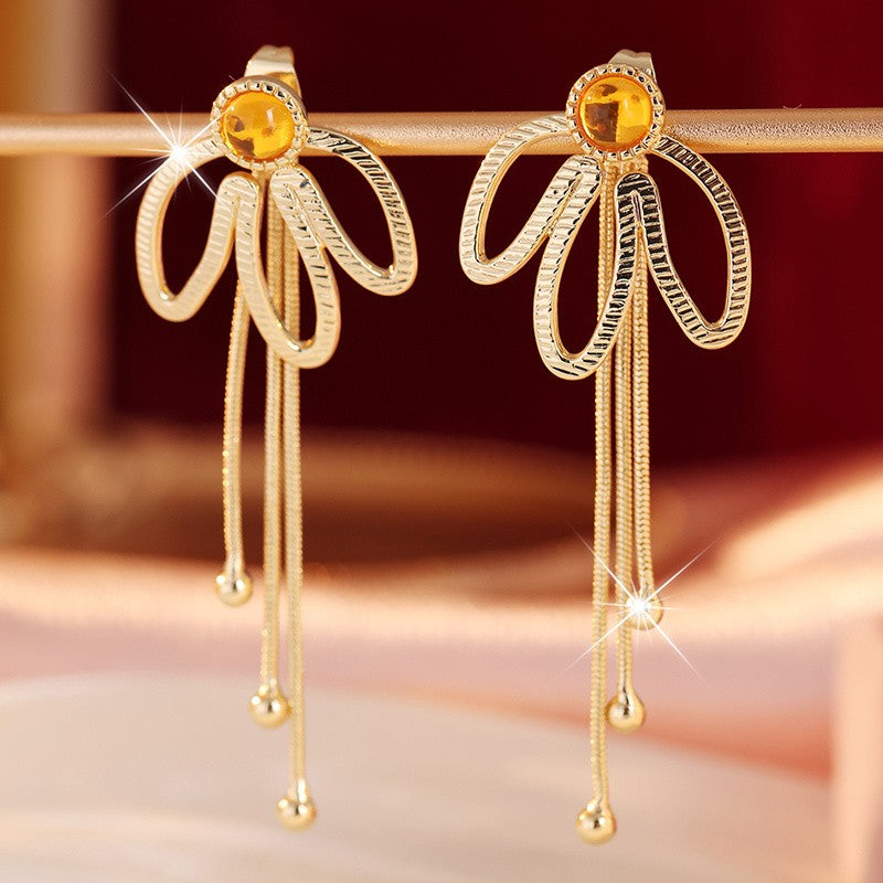 Gold Bow Tassel Drop Earrings