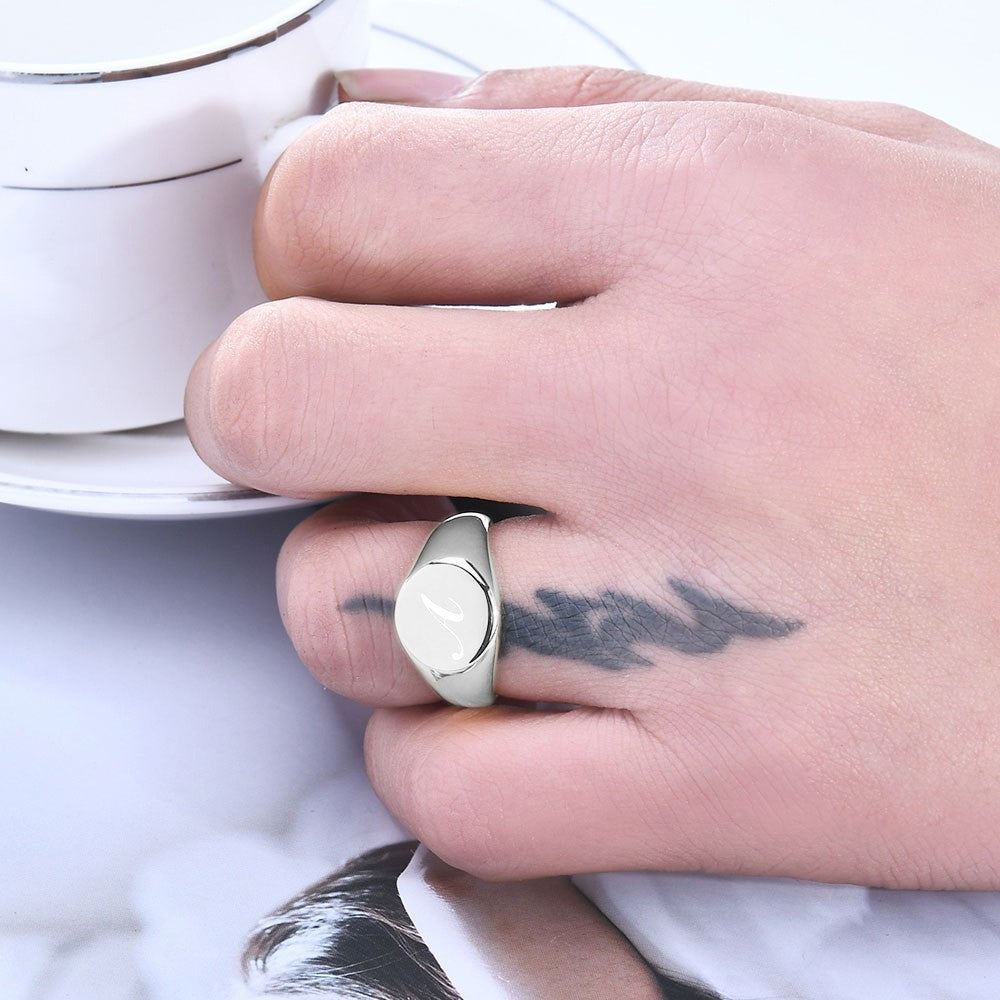 Polished Script Initial Signet Ring