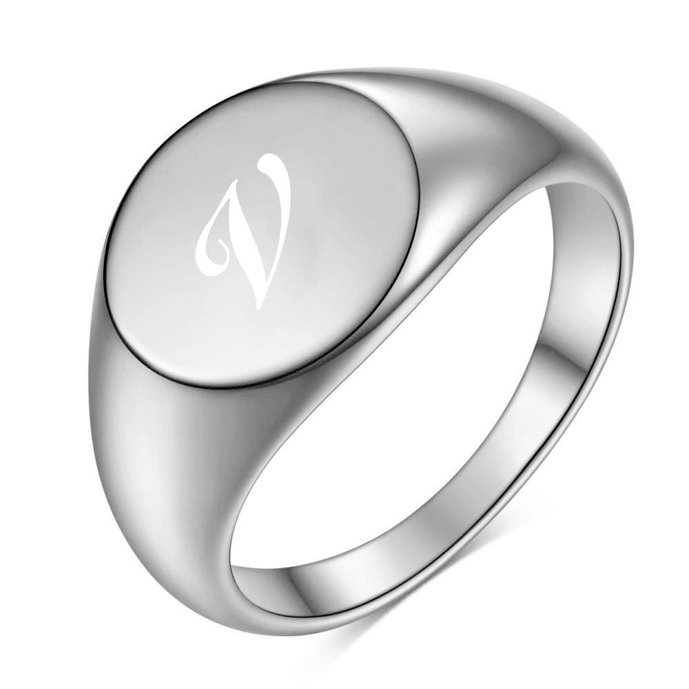 Polished Script Initial Signet Ring