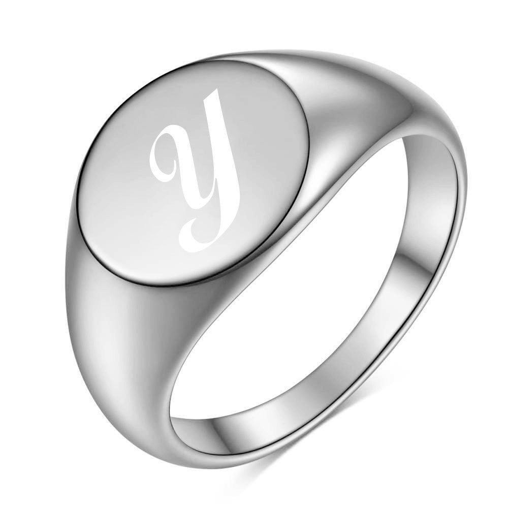 Polished Script Initial Signet Ring